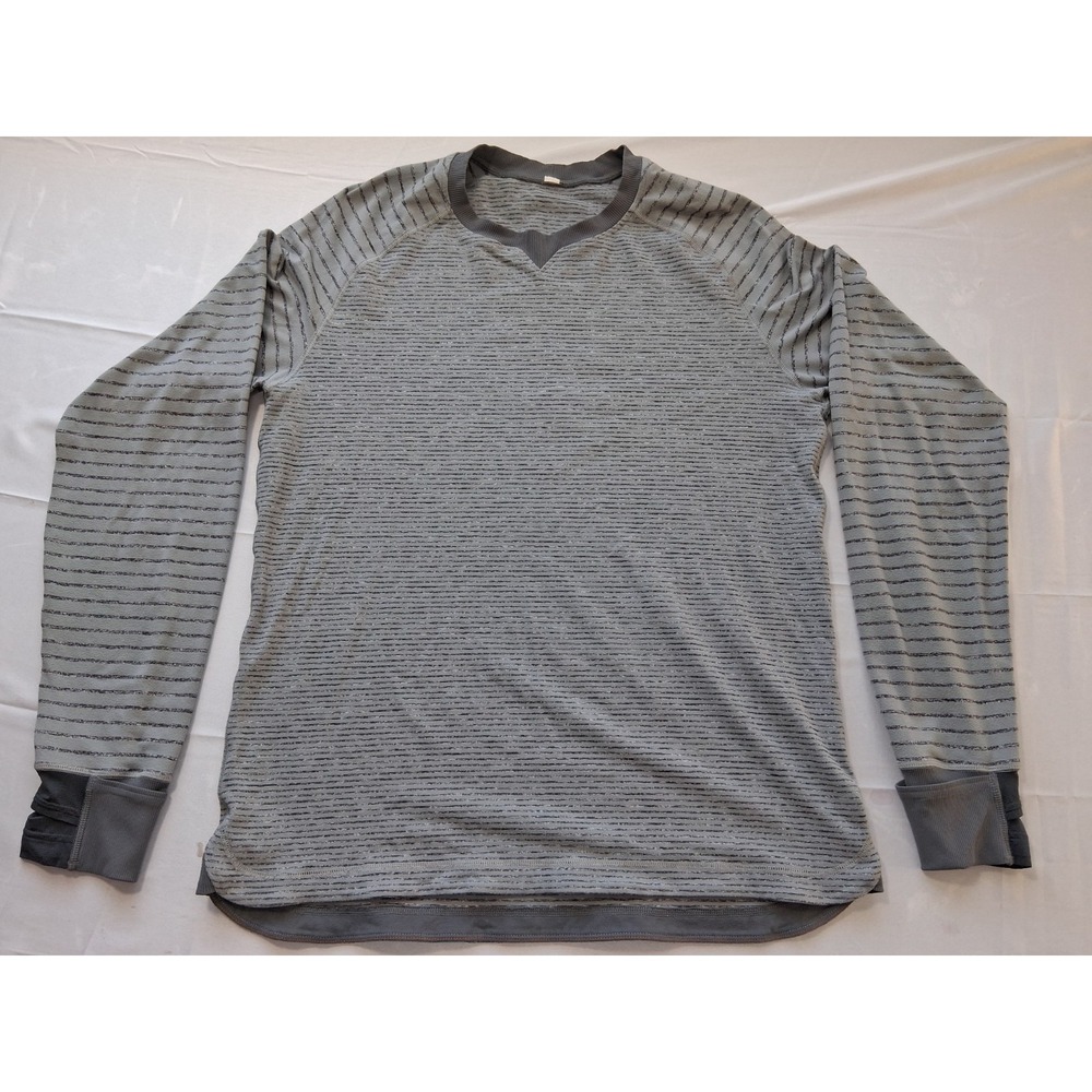 Lululemon Athletica Mens Striped Sports T-Shirt Gray Raglan Sleeve Crew Neck